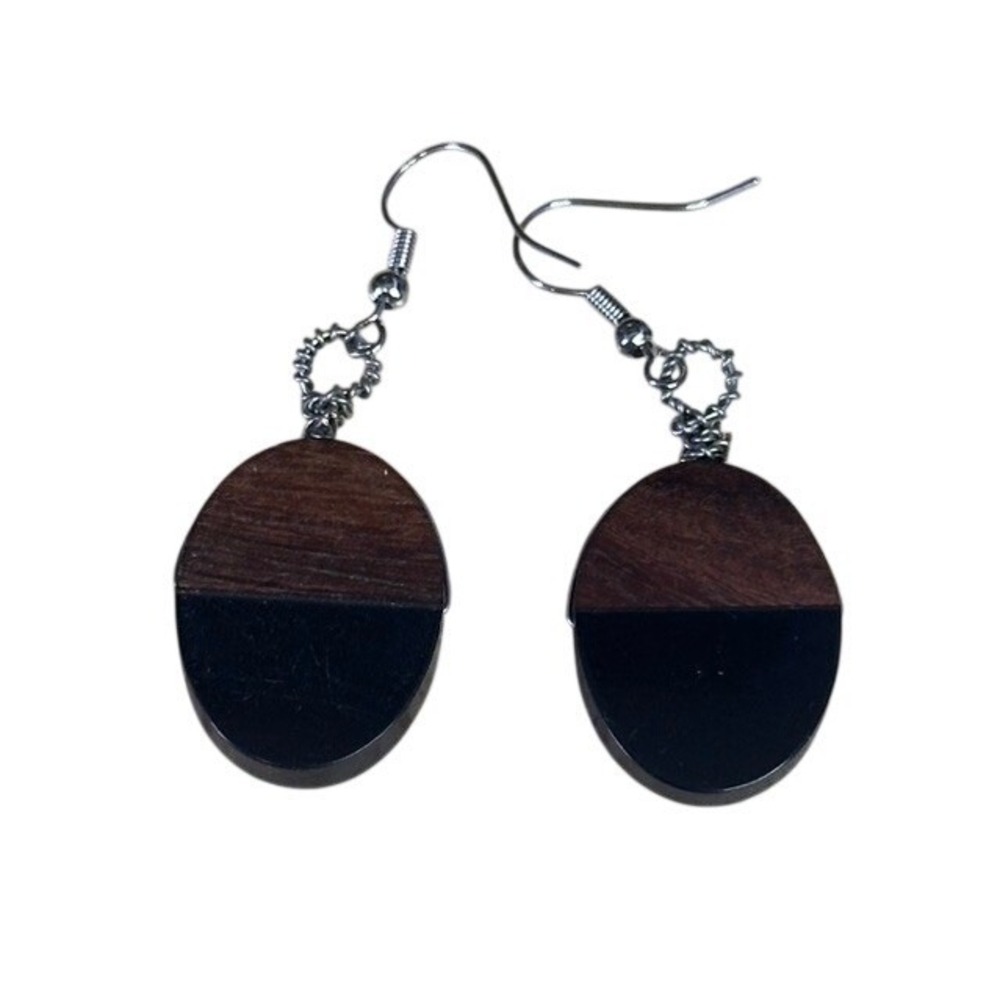 Two Tone Wood Oval Drop Earrings Brown Black Minimalist Geometric Dangle Silver
